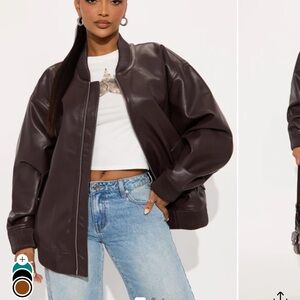 Fashion Nova Faux Leather Bomber Jacket - Chocolate